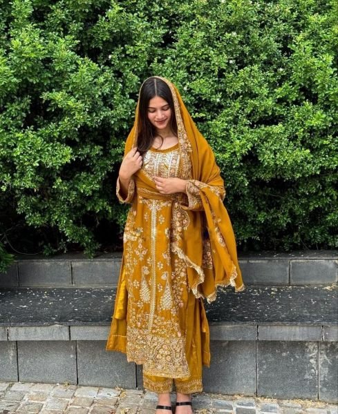 Yellow Color Faux Georgette Pakistani Suit  Designer Plazzo Salwar Suits Wholesale
