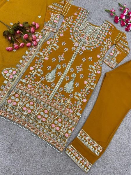 Yellow Color Faux Georgette Pakistani Suit  Designer Plazzo Salwar Suits Wholesale