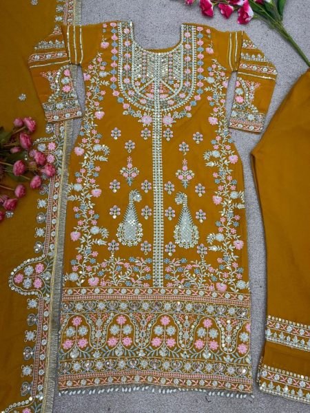 Yellow Color Faux Georgette Pakistani Suit  Designer Plazzo Salwar Suits Wholesale