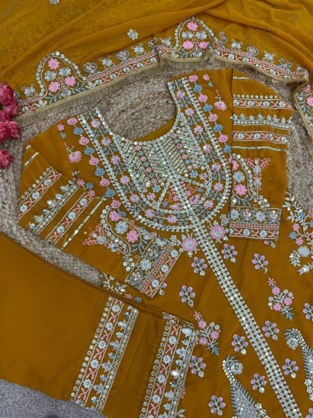 Yellow Color Faux Georgette Pakistani Suit  Designer Plazzo Salwar Suits Wholesale