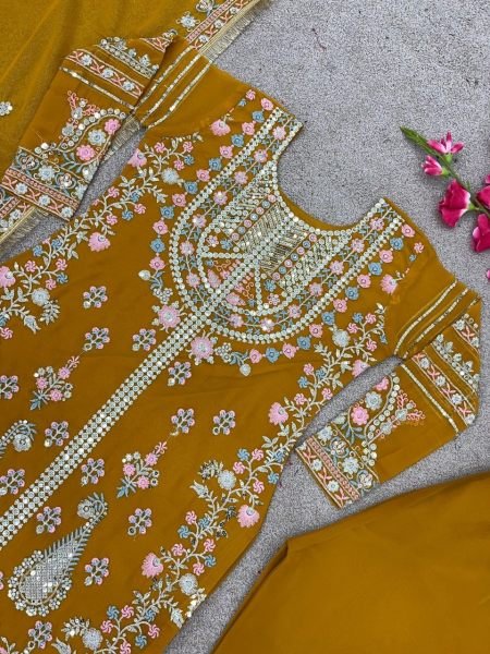 Yellow Color Faux Georgette Pakistani Suit  Designer Plazzo Salwar Suits Wholesale
