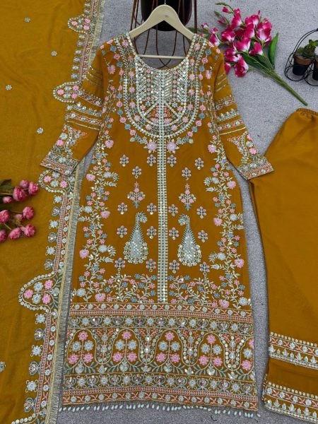 Yellow Color Faux Georgette Pakistani Suit  Designer Plazzo Salwar Suits Wholesale