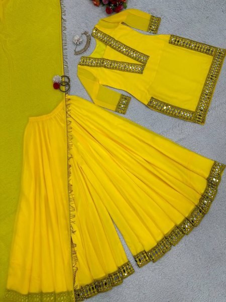 Yellow Color Faux Georgette Plazzo Suits  Ready To Wear Collection