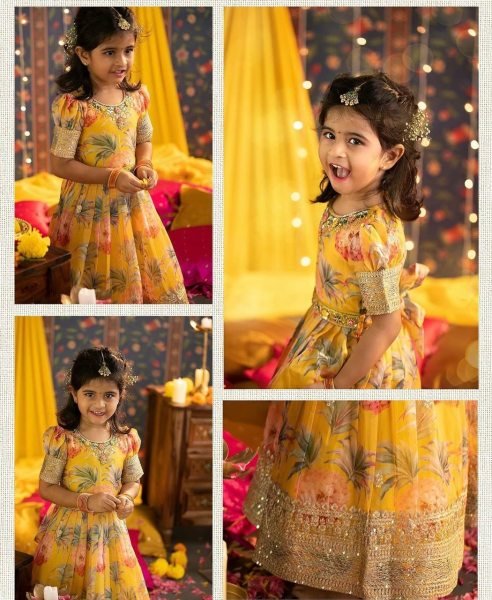 Yellow Color Georgette Sequecne Work Kids Gown With Dupatta  Girls Wear