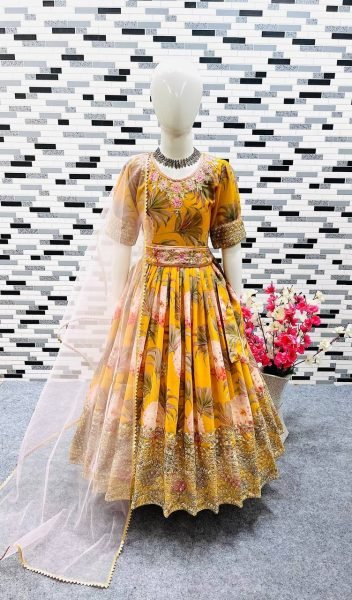 Yellow Color Georgette Sequecne Work Kids Gown With Dupatta  Girls Wear