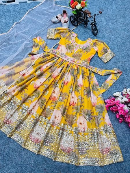 Yellow Color Georgette Sequecne Work Kids Gown With Dupatta  Girls Wear