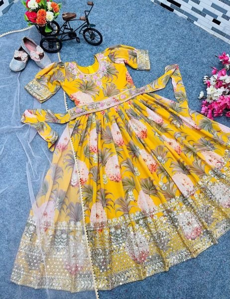 Yellow Color Georgette Sequecne Work Kids Gown With Dupatta  Girls Wear