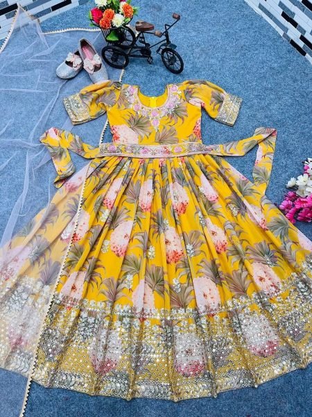 Yellow Color Georgette Sequecne Work Kids Gown With Dupatta  Girls Wear
