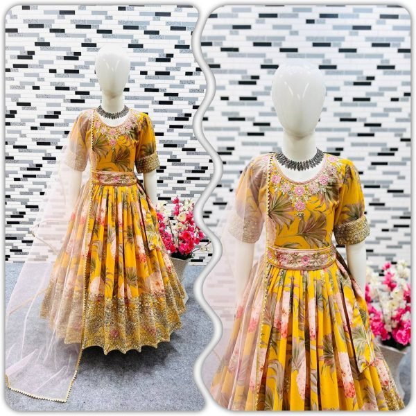 Yellow Color Georgette Sequecne Work Kids Gown With Dupatta  Girls Wear