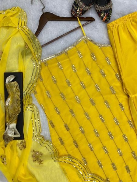 Yellow Color Georgette Sharara Suit With Embroidery Work  Ready To Wear Collection