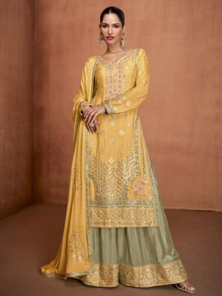 Yellow Color Hit Designe Real Chinon Plazzo Suit Collection With Hand Work  Salwar Kameez