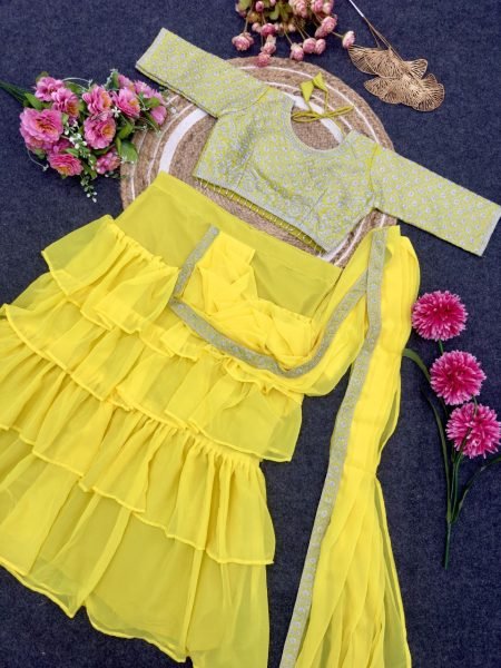 Yellow Color Ruffel Georgette Ready To Wear Saree Collection by Royal Export Ready To Wear Saree 