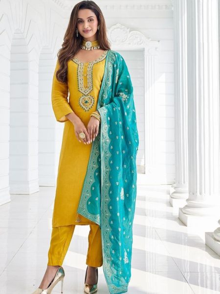 Yellow Color  Sequence    Embroidery Work Kurti Set 