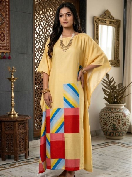 Yellow Comfortable Printed Kaftan for Summer Collection Kurtis