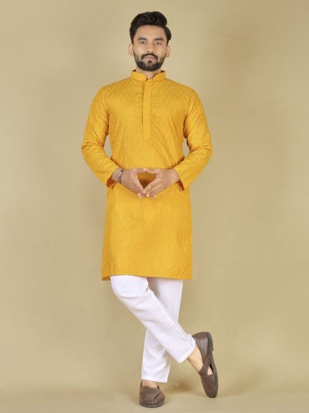 Yellow Cotton Kurta with Self Design Ideal Ethnic Wear for Haldi Events at Bulk Price Mens Wear