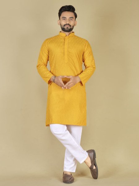 Yellow Cotton Kurta with Self Design Ideal Ethnic Wear for Haldi Events at Bulk Price Kurta Pajama Wholesale