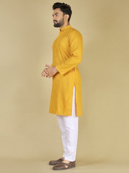 Yellow Cotton Kurta with Self Design Ideal Ethnic Wear for Haldi Events at Bulk Price Kurta Pajama Wholesale