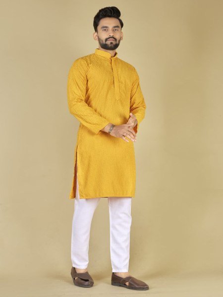 Yellow Cotton Kurta with Self Design Ideal Ethnic Wear for Haldi Events at Bulk Price Kurta Pajama Wholesale