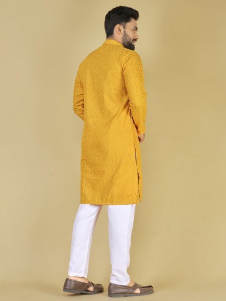 Yellow Cotton Kurta with Self Design Ideal Ethnic Wear for Haldi Events at Bulk Price Kurta Pajama Wholesale