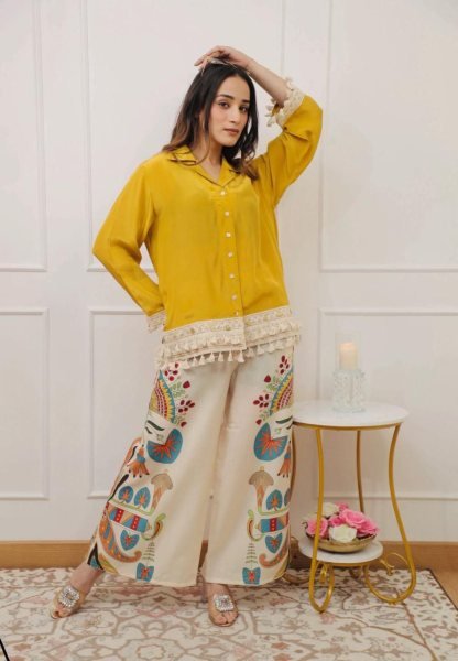 Yellow Cotton Co Ord Set with Ethnic Print Pants and Lace Detailing Summer Outfit Kurti With Bottom Wholesale