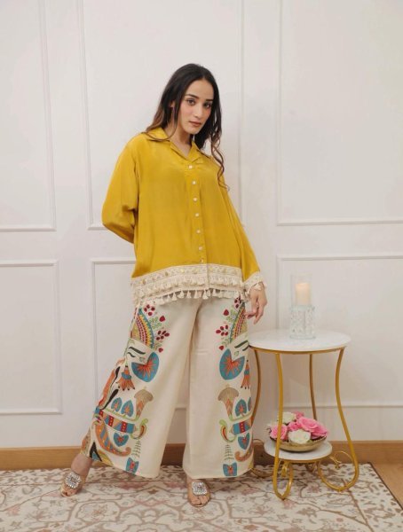 Yellow Cotton Co Ord Set with Ethnic Print Pants and Lace Detailing Summer Outfit Kurti With Bottom Wholesale
