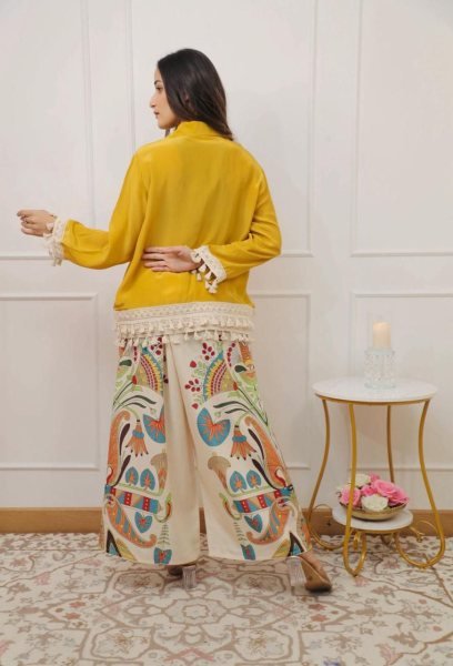 Yellow Cotton Co Ord Set with Ethnic Print Pants and Lace Detailing Summer Outfit Kurti With Bottom Wholesale