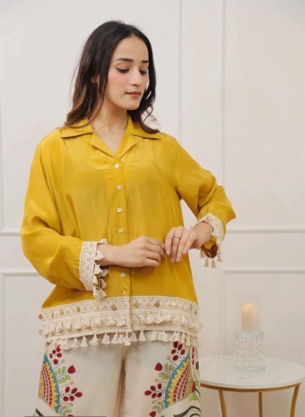 Yellow Cotton Co Ord Set with Ethnic Print Pants and Lace Detailing Summer Outfit Kurti With Bottom Wholesale