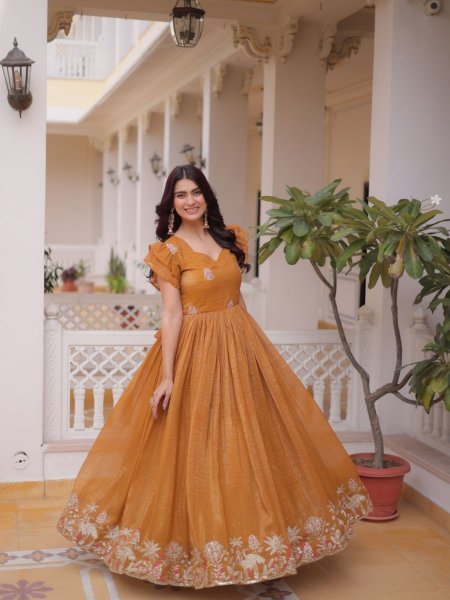 Yellow Designer Silver Crunchy Fabric Long Gown with Embroidery Work For Wholesale Reseller Women Fashion Kurtis