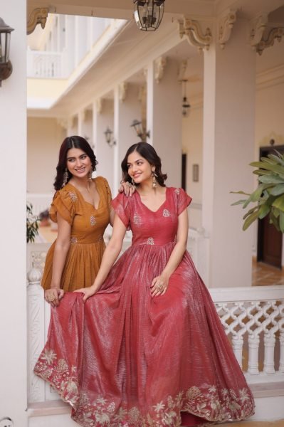 Yellow Designer Silver Crunchy Fabric Long Gown with Embroidery Work For Wholesale Reseller Women Fashion Anarkali Kurtis 