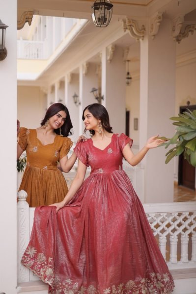 Yellow Designer Silver Crunchy Fabric Long Gown with Embroidery Work For Wholesale Reseller Women Fashion Anarkali Kurtis 