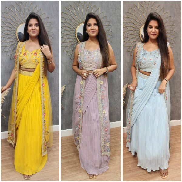 Yellow Drape 3pc Indowestern Saree Ready To Wear Saree 