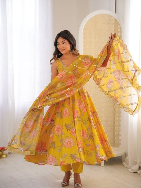 Yellow Fashion wear Muslin Floral Print Gown Set with Organza Dupatta and Pant