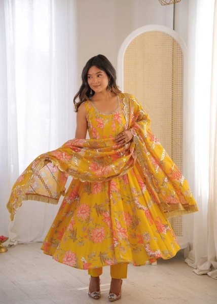 Yellow Fashion wear Muslin Floral Print Gown Set with Organza Dupatta and Pant Ready To Wear Collection