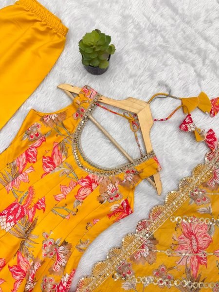 Yellow Fashion wear Muslin Floral Print Gown Set with Organza Dupatta and Pant Ready To Wear Collection