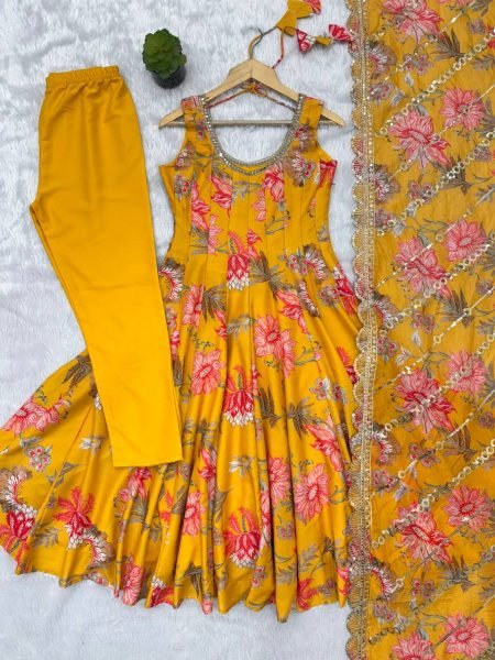 Yellow Fashion wear Muslin Floral Print Gown Set with Organza Dupatta and Pant Ready To Wear Collection