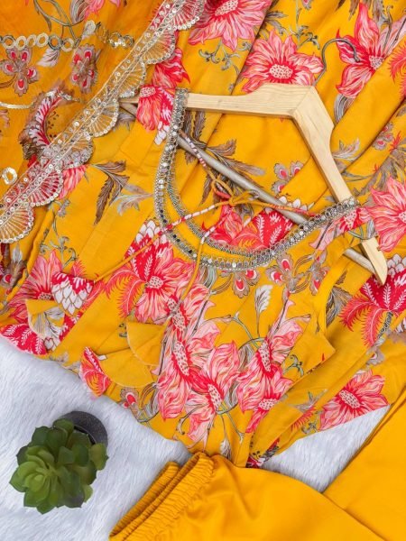 Yellow Fashion wear Muslin Floral Print Gown Set with Organza Dupatta and Pant Ready To Wear Collection