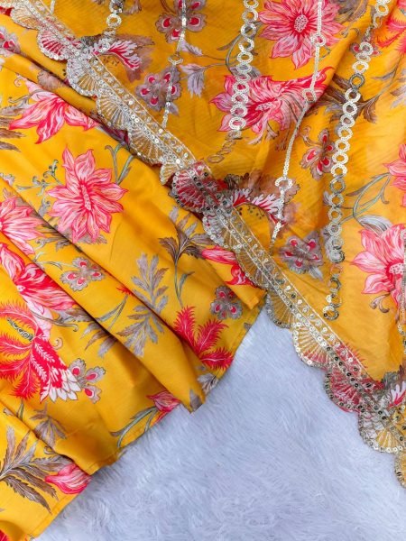 Yellow Fashion wear Muslin Floral Print Gown Set with Organza Dupatta and Pant Ready To Wear Collection