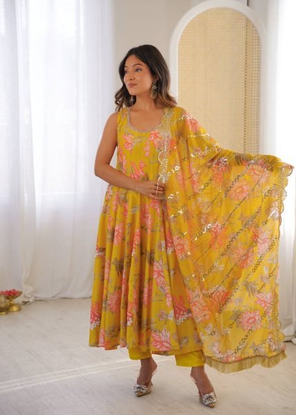 Yellow Fashion wear Muslin Floral Print Gown Set with Organza Dupatta and Pant Ready To Wear Collection