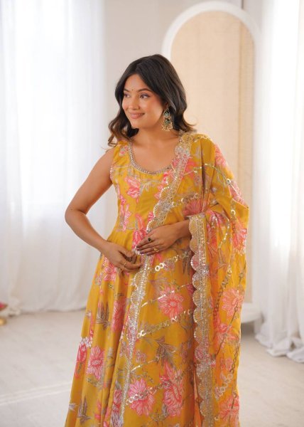 Yellow Fashion wear Muslin Floral Print Gown Set with Organza Dupatta and Pant Ready To Wear Collection