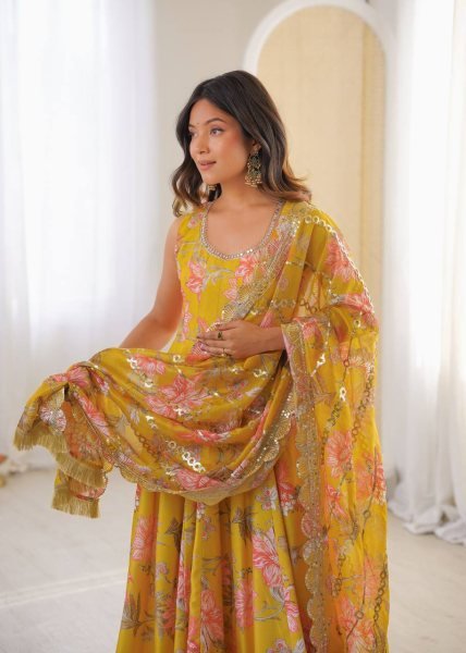 Yellow Fashion wear Muslin Floral Print Gown Set with Organza Dupatta and Pant Ready To Wear Collection