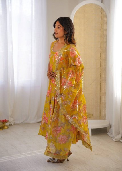 Yellow Fashion wear Muslin Floral Print Gown Set with Organza Dupatta and Pant Ready To Wear Collection