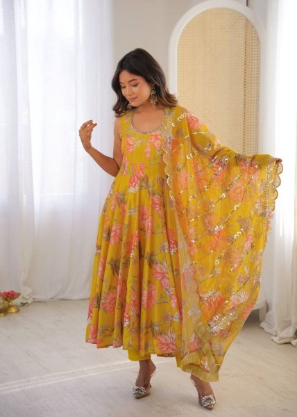 Yellow Fashion wear Muslin Floral Print Gown Set with Organza Dupatta and Pant Ready To Wear Collection