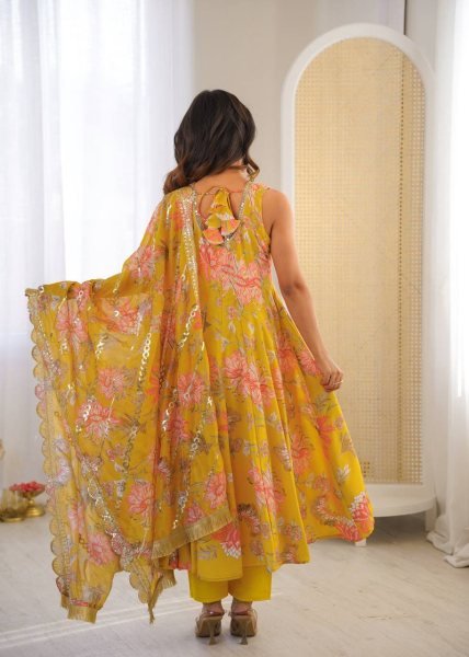 Yellow Fashion wear Muslin Floral Print Gown Set with Organza Dupatta and Pant Ready To Wear Collection