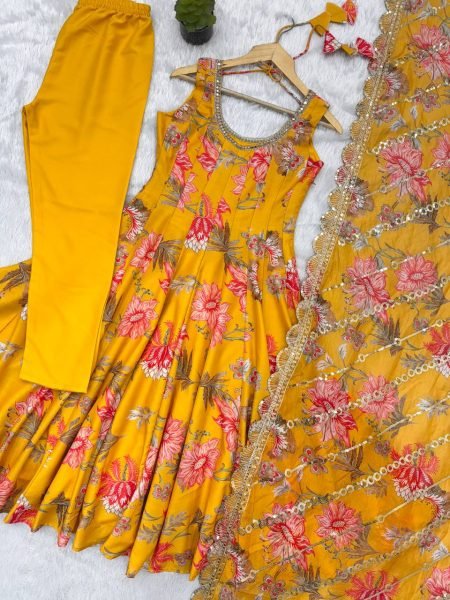 Yellow Fashion wear Muslin Floral Print Gown Set with Organza Dupatta and Pant Ready To Wear Collection