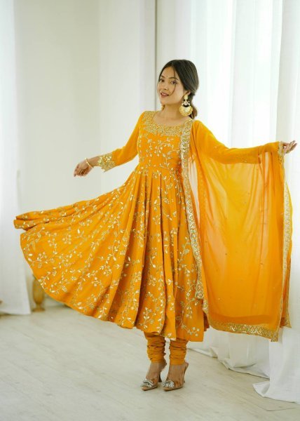Yellow Faux Georgette Embroidery and Sequence Work Gown with Churidar for Weddings Ready To Wear Collection