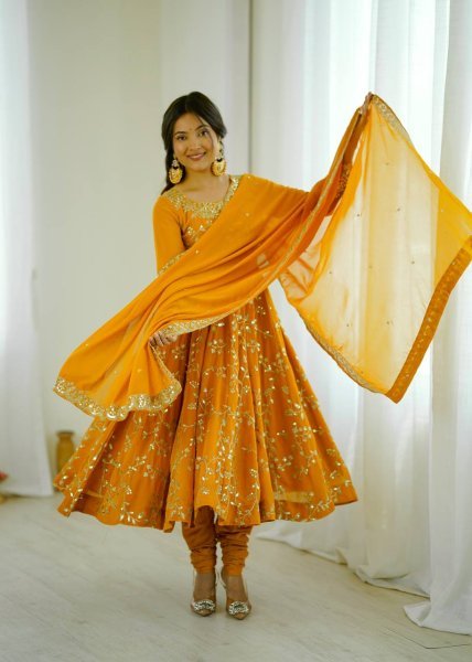 Yellow Faux Georgette Embroidery and Sequence Work Gown with Churidar for Weddings Ready To Wear Collection