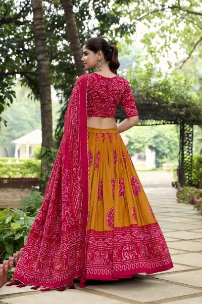YELLOW Floral And Patola Print With Foil Work Tussar Silk Lehenga Choli Navratri Lehnega Choli