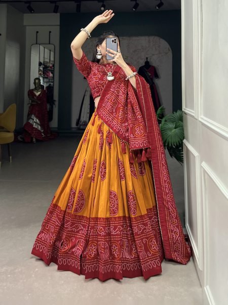 YELLOW Floral And Patola Print With Foil Work Tussar Silk Lehenga Choli Navratri Lehnega Choli