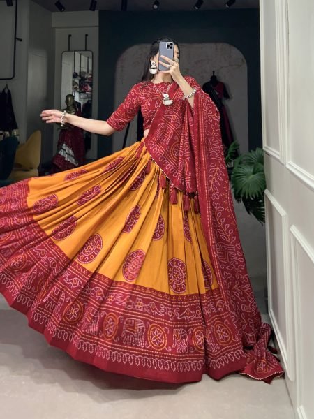 YELLOW Floral And Patola Print With Foil Work Tussar Silk Lehenga Choli Navratri Lehnega Choli