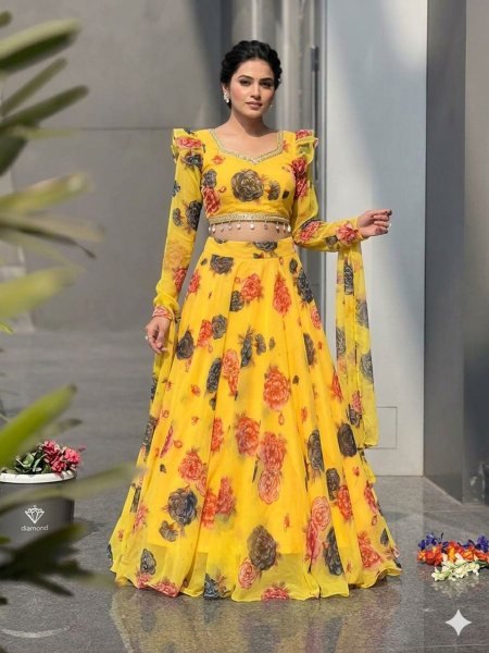  Yellow Floral Print Lehenga Choli Modern Design And Georgette Fabric. 